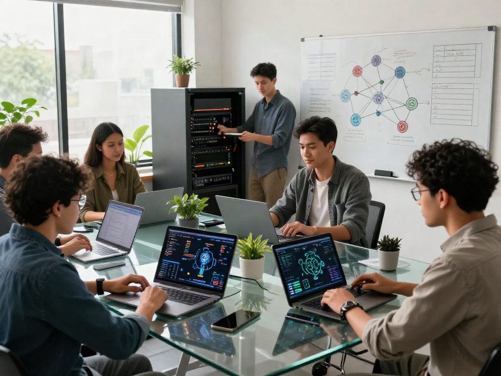 Team collaborating on AI projects, showcasing innovative techniques and insights at a modern workspace, crush on ai theme.