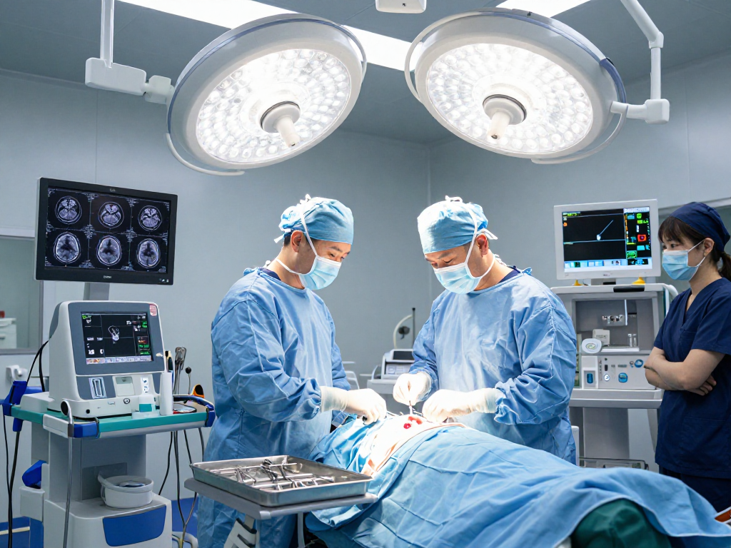 Beyin tümörü ameliyatı in a modern surgery room with a neurosurgeon and advanced equipment.