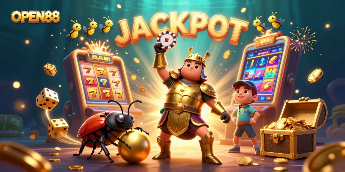 Experience the thrill of OPEN88 with a beetle hero and vibrant casino elements in this dynamic illustration.