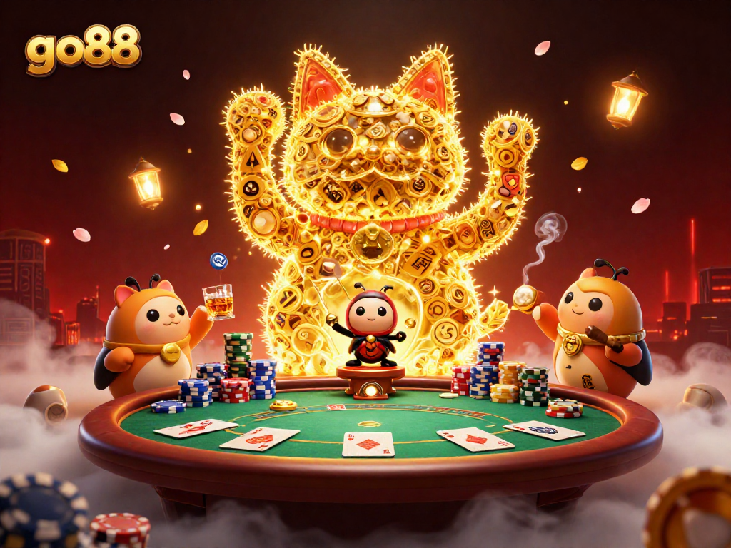 Engage with the vibrant go88 casino scene featuring a lucky cat and poker elements in 3D.