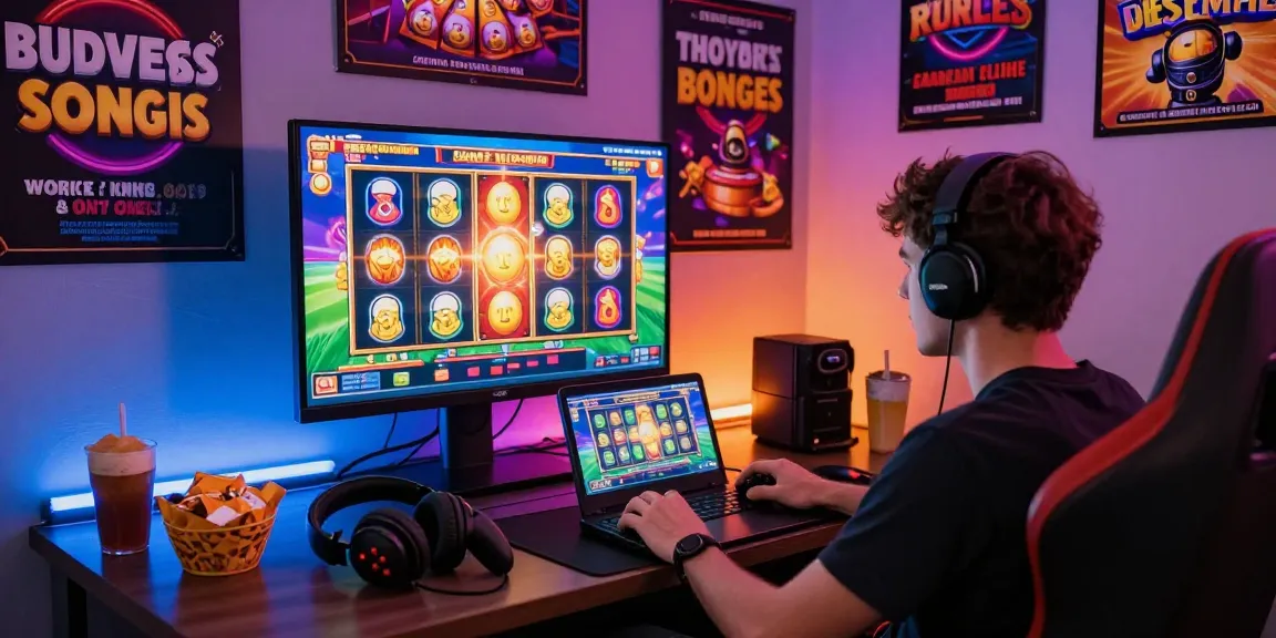 Engaging scene showcasing info slot gaming with user enjoying colorful online slots and exciting bonuses.