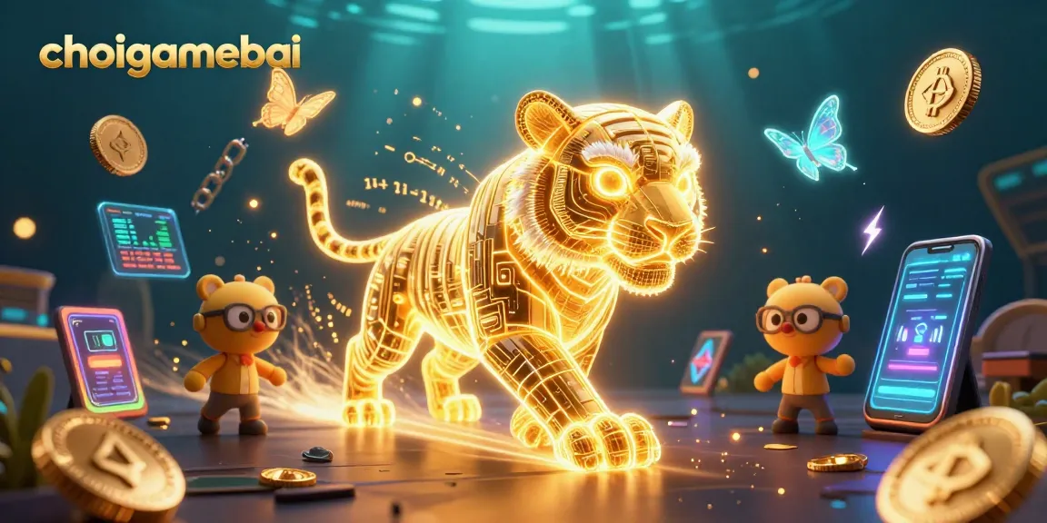 Engage with choigamebai's vibrant digital casino featuring a golden tiger and cryptocurrency elements.