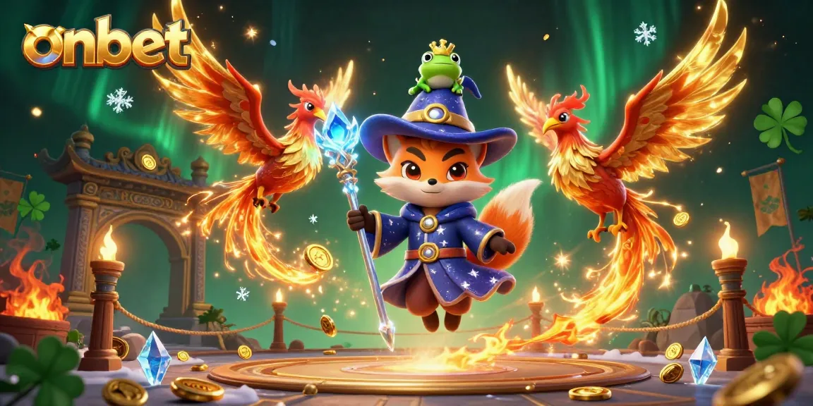 Experience excitement at onbet with a mystical wizard fox and phoenix in a vibrant casino scene full of gems and coins.
