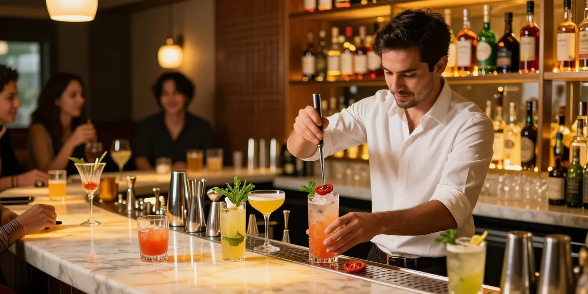 Experience the best chuflay cocktail near me in a vibrant cocktail bar with a skilled bartender mixing drinks.