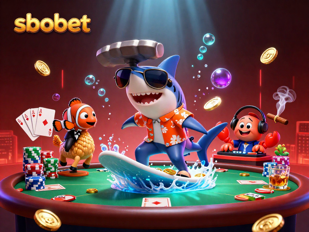 Bet on sbobet sports with dynamic illustration of shark surfing coins and vibrant casino elements.