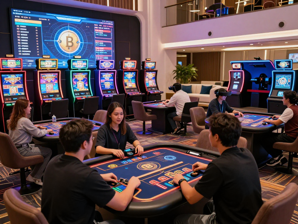 Exciting crypto casino scene showcasing players at gaming tables, vibrant atmosphere, modern technology.