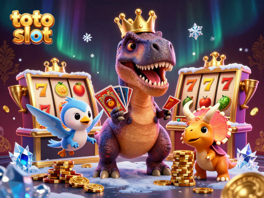 Spin the reels of the ultimate toto slot experience with fun characters in a vibrant casino scene.