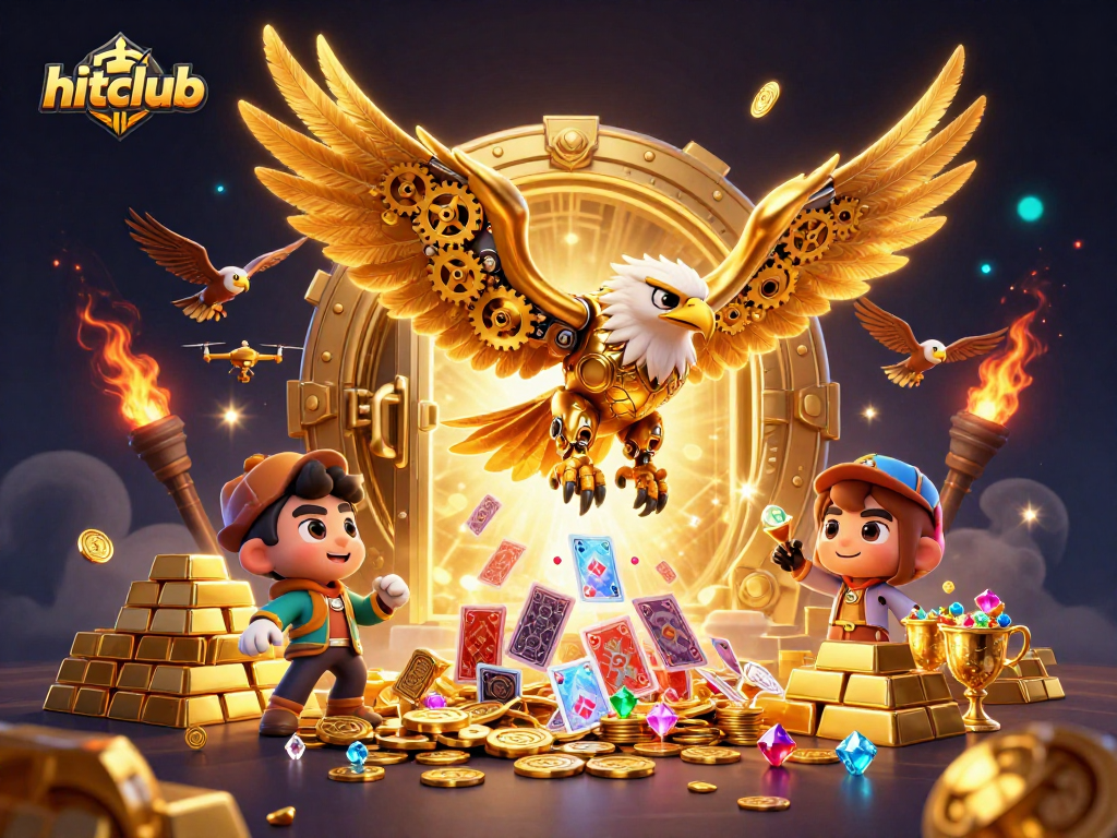 Experience thrilling wins with hitclub's vibrant casino action featuring a golden eagle soaring through treasure-filled glory.