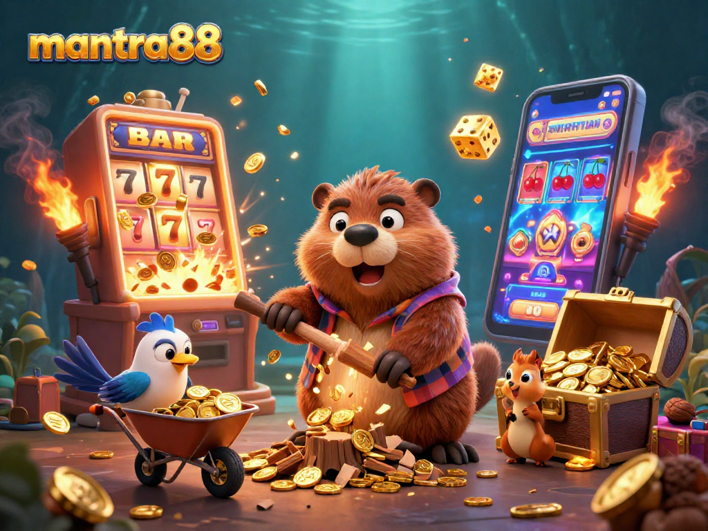 Engage with mantra88 for an exciting casino adventure as cartoon characters collect coins and showcase gaming elements.