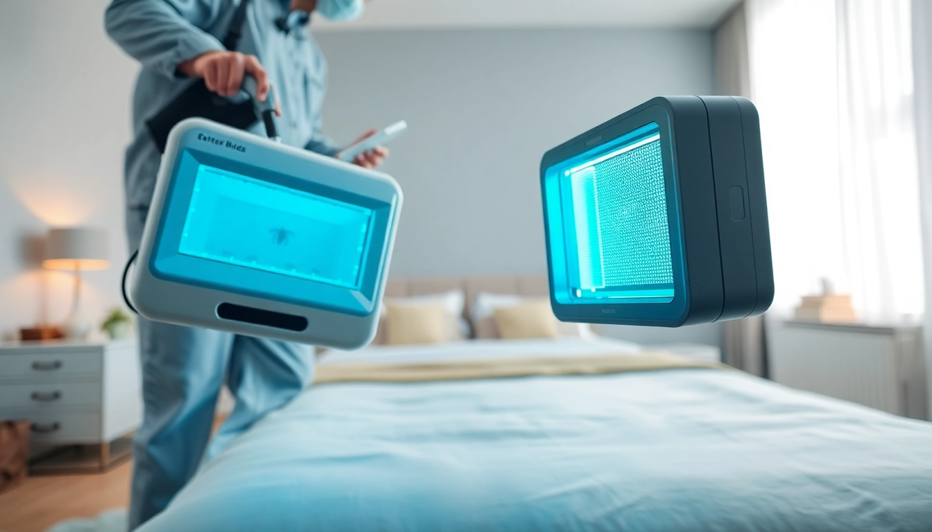Conducting bed bug control in a clean bedroom featuring modern extermination techniques.