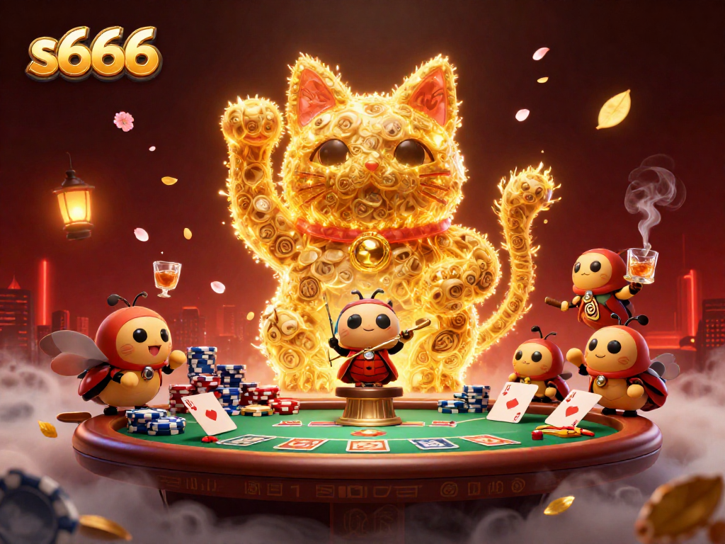 Win big with s666 in this vibrant 3D casino illustration of a lucky cat surrounded by poker elements.