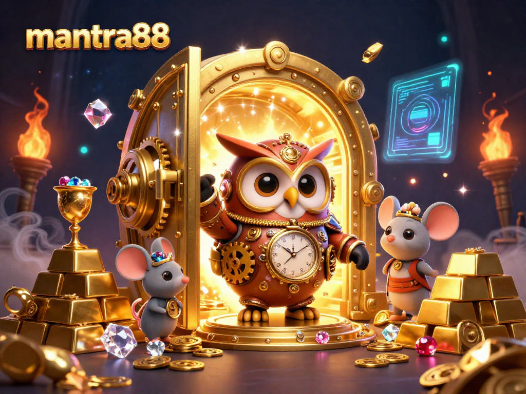 Experience the excitement of mantra88 with a vibrant 3D casino scene featuring a time-traveling owl and treasures.
