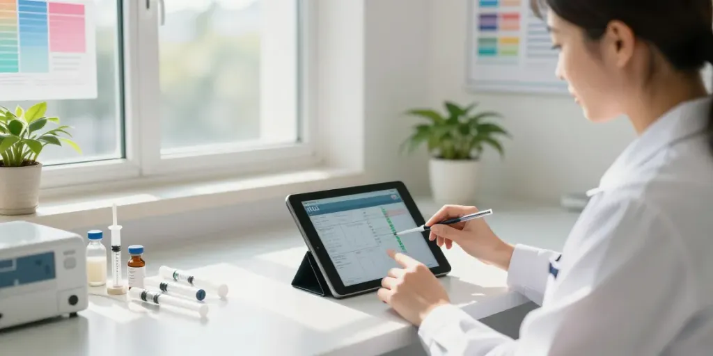 HCG dosage calculator being used by a healthcare professional in a clinical setting.