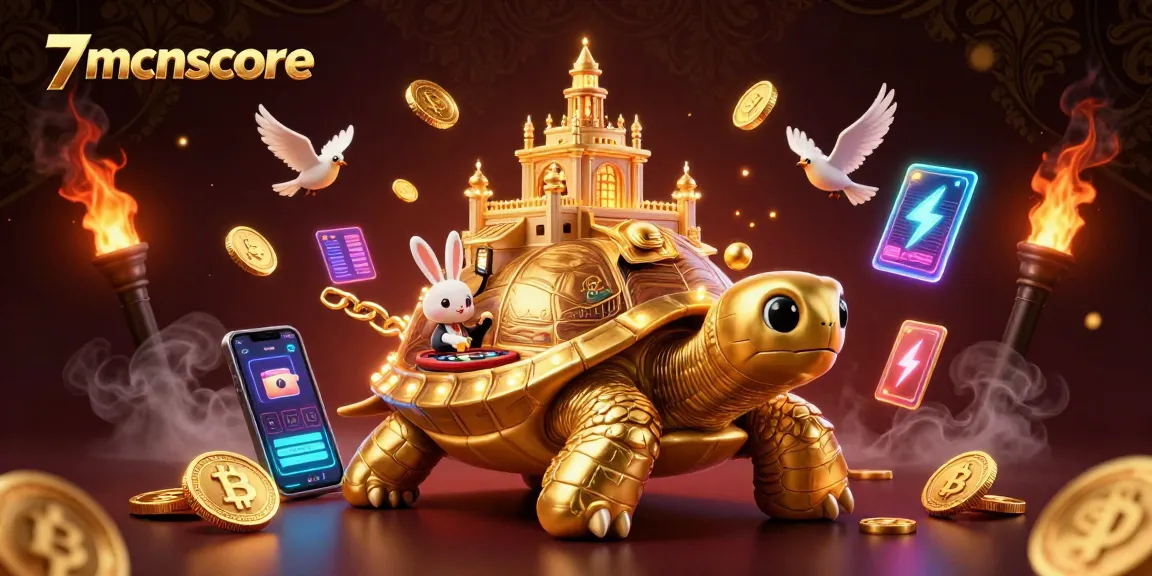 Engage with the captivating 7mcnscore scene featuring a golden tortoise casino, rabbit dealer, and flying coins.
