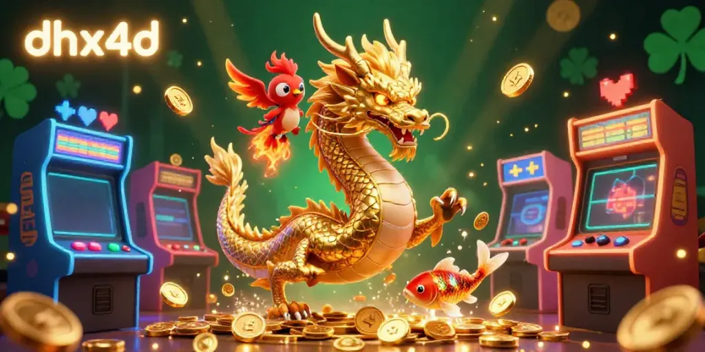 Gambarlah pemain dhx4d merasakan kemenangan dengan naga, phoenix, dan ikan koi dalam aksi judi.