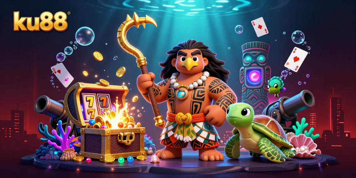 ku88 showcases a vibrant casino scene featuring a Maui-style hawk, gold coins, and slot reels.