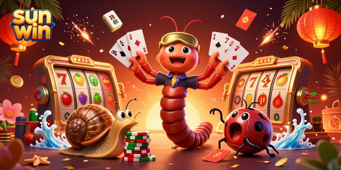 Experience the excitement of sun win with a vibrant casino illustration featuring a millipede dealer and rich game elements.