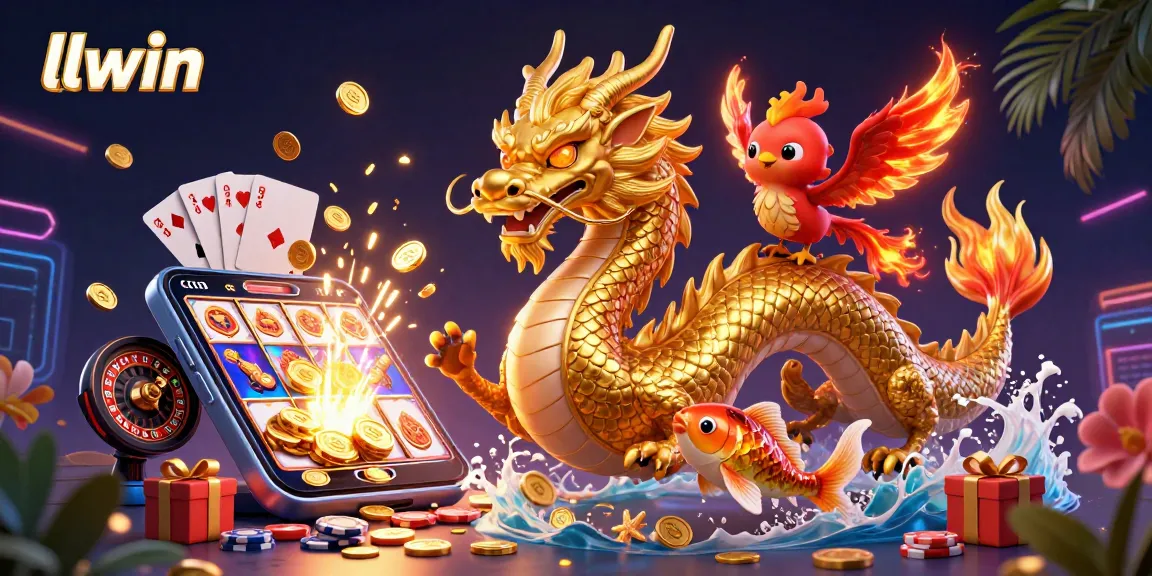 Engage with llwin's vibrant casino scene featuring a powerful dragon, phoenix, and koi fish amidst thrilling gaming elements.