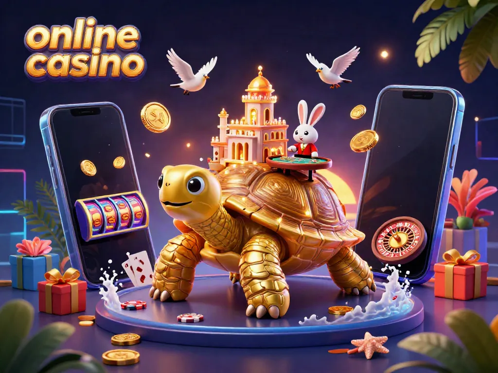 Experience the excitement of an online casino with a golden tortoise and a rabbit dealer, illuminated by vibrant gaming elements.