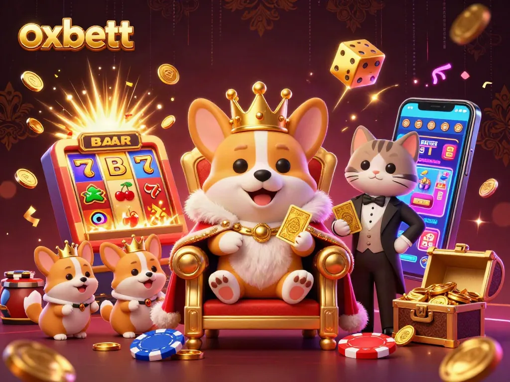 Experience thrilling casino fun with the royal corgi at oxbett, surrounded by slot machines and golden treasure.