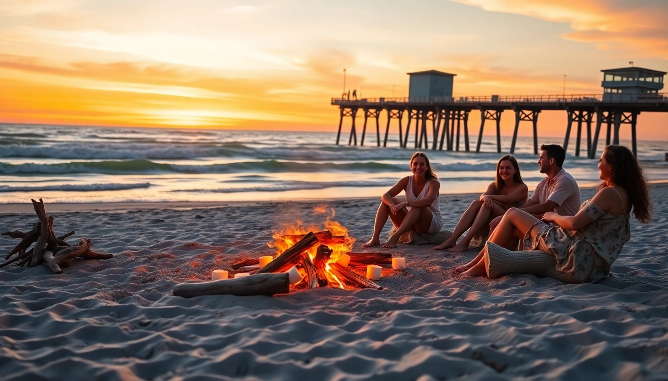 Experience relaxing vibes on Pensacola FL's beach during a sunset gathering featuring friends.