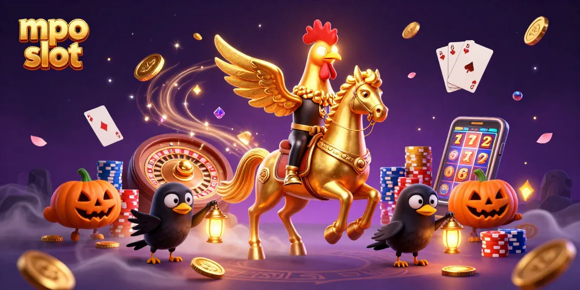 Spin to win with mpo slot, a vibrant scene of a golden rooster and casino elements.