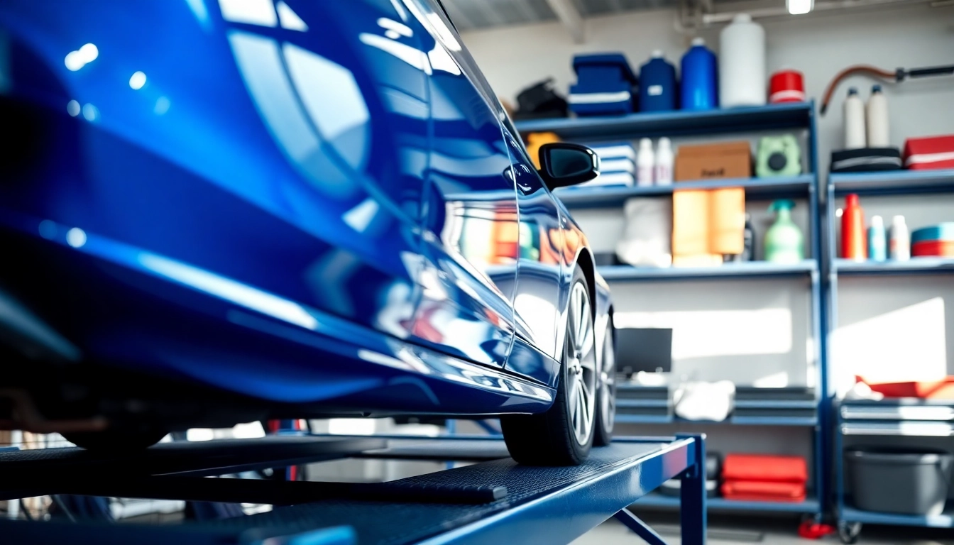 Showcasing a vibrant Canadian car detailing brand experience with a polished vehicle in a modern workshop.