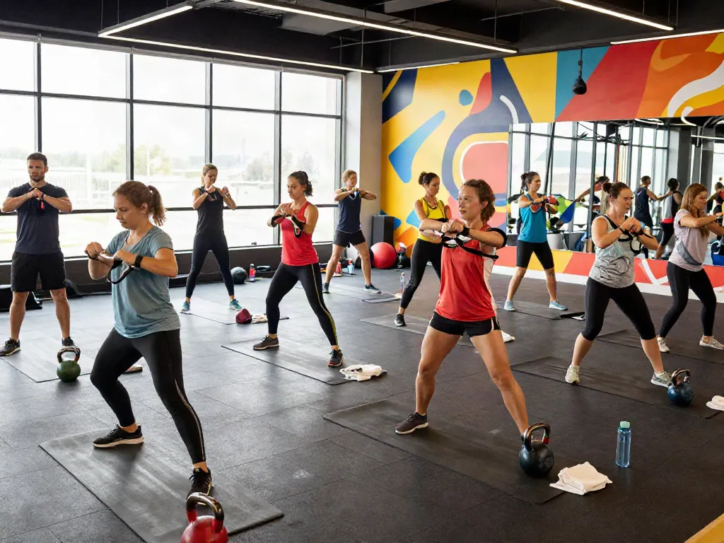 High-energy fitness class showcasing TESA/IPA peptide blend benefits in modern gym.