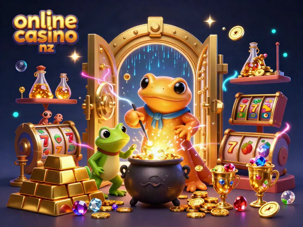 Immersive scene showcasing online casino nz with a giant alchemist and gold coins.