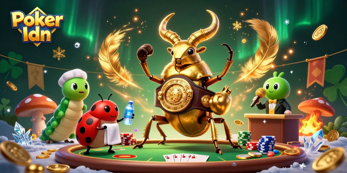 Engage with Poker Idn through a dynamic scene of a golden stag beetle in a boxing match with poker elements.