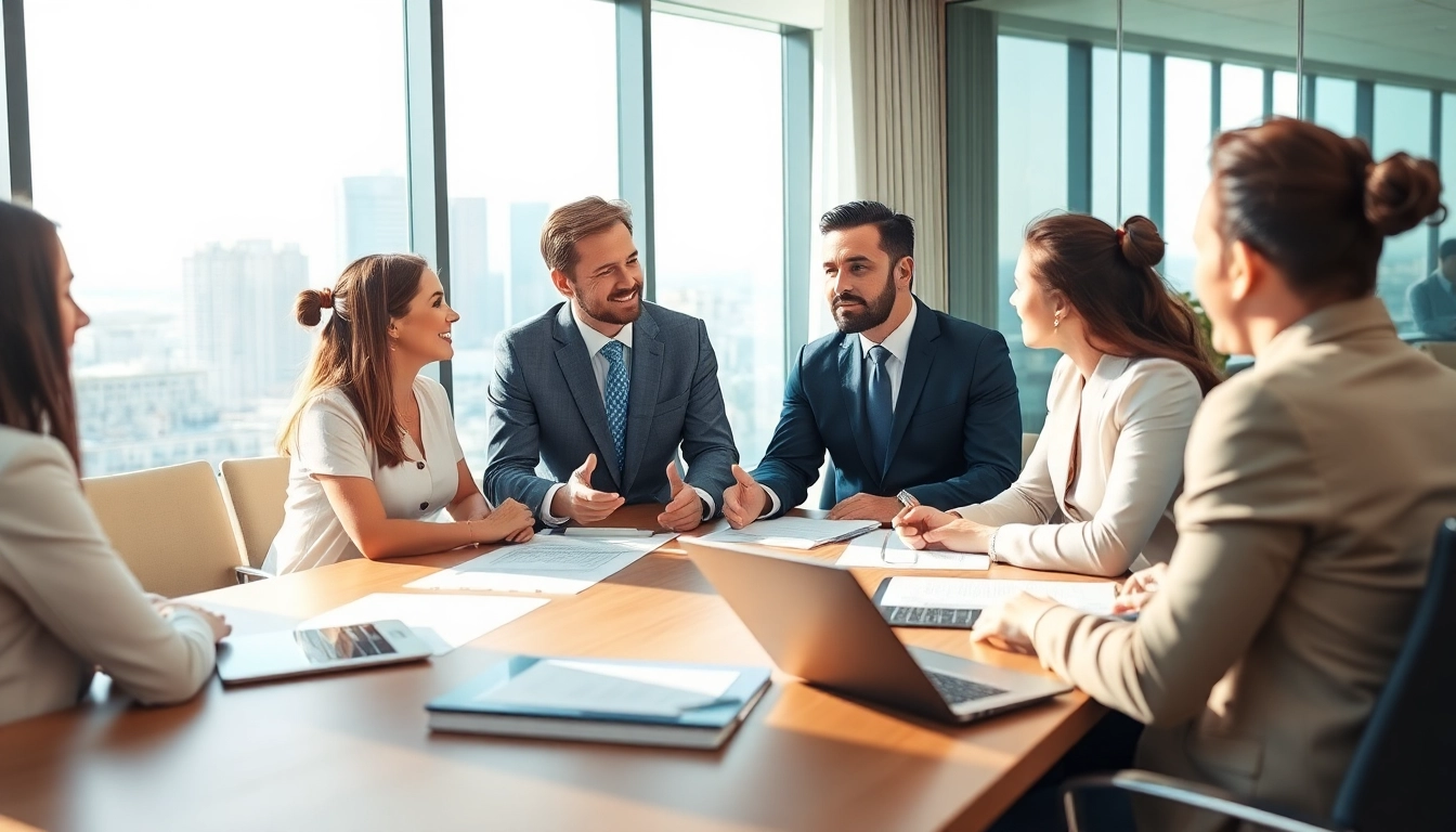 Engaging scene of escrow services discussion with a financial advisor and clients in a modern office.