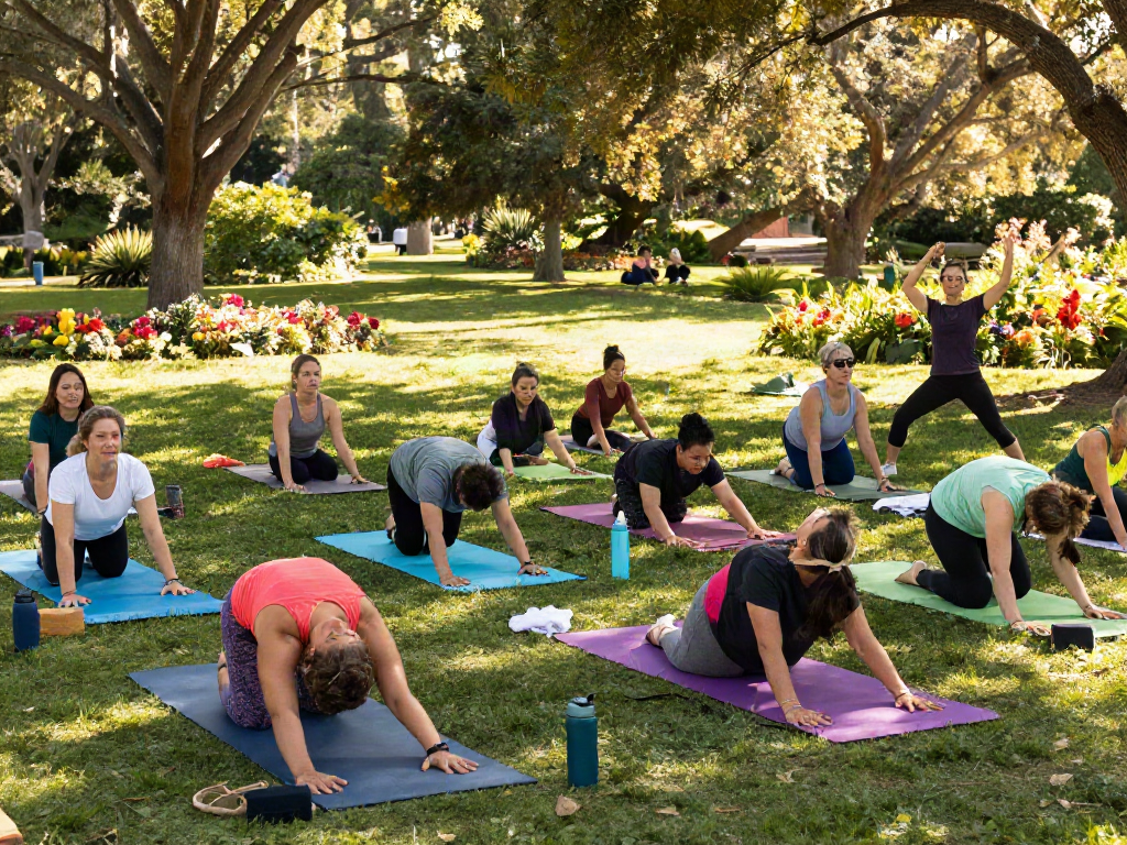 Dynamic bolakami fitness class in a sunny park showcasing diverse participants practicing yoga together.