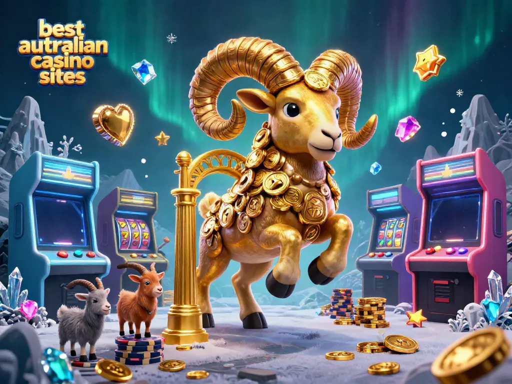 Engage with the best australian casino sites featuring a golden ram at a casino gate amidst gaming chaos.