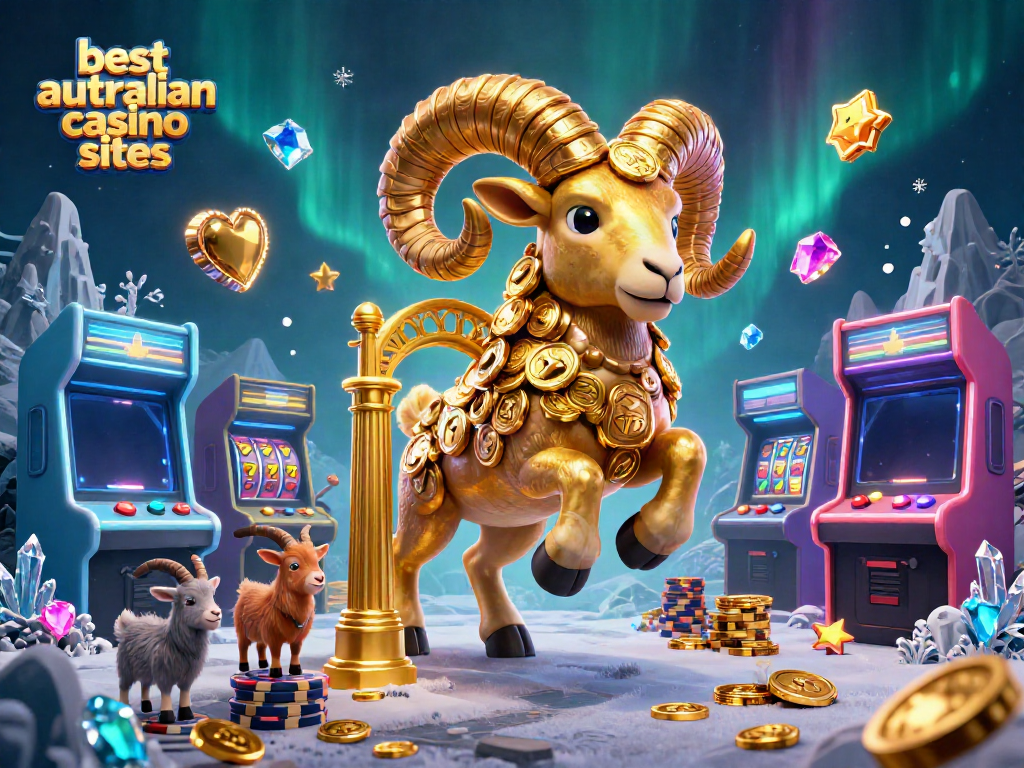 Engage with the best australian casino sites featuring a golden ram at a casino gate amidst gaming chaos.