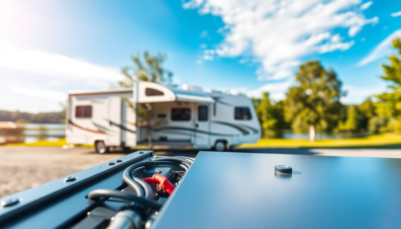 Exemplary lithium RV batteries installed in a recreational vehicle with natural surroundings.