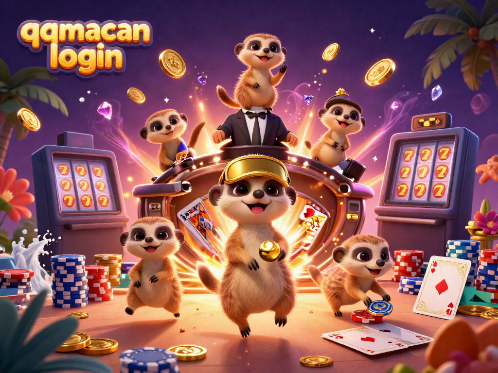 Experience the thrills of qqmacan login with meerkats in a bustling casino, showcasing cards, chips, and coins.