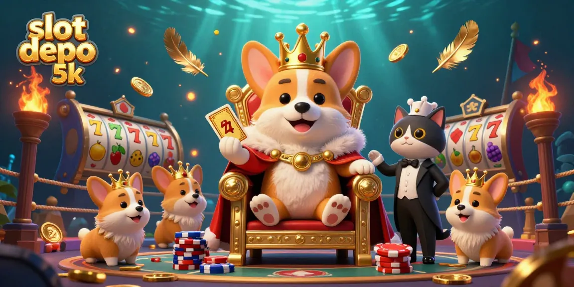 Engage with slot depo 5k featuring a royal corgi and gaming elements in a vibrant 3D scene.