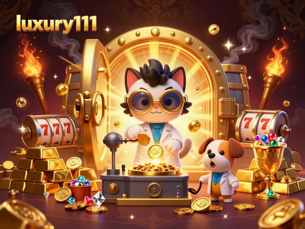 Experience thrilling wins and golden treasures in luxury111's captivating slot machines illustrated with vibrant detail.