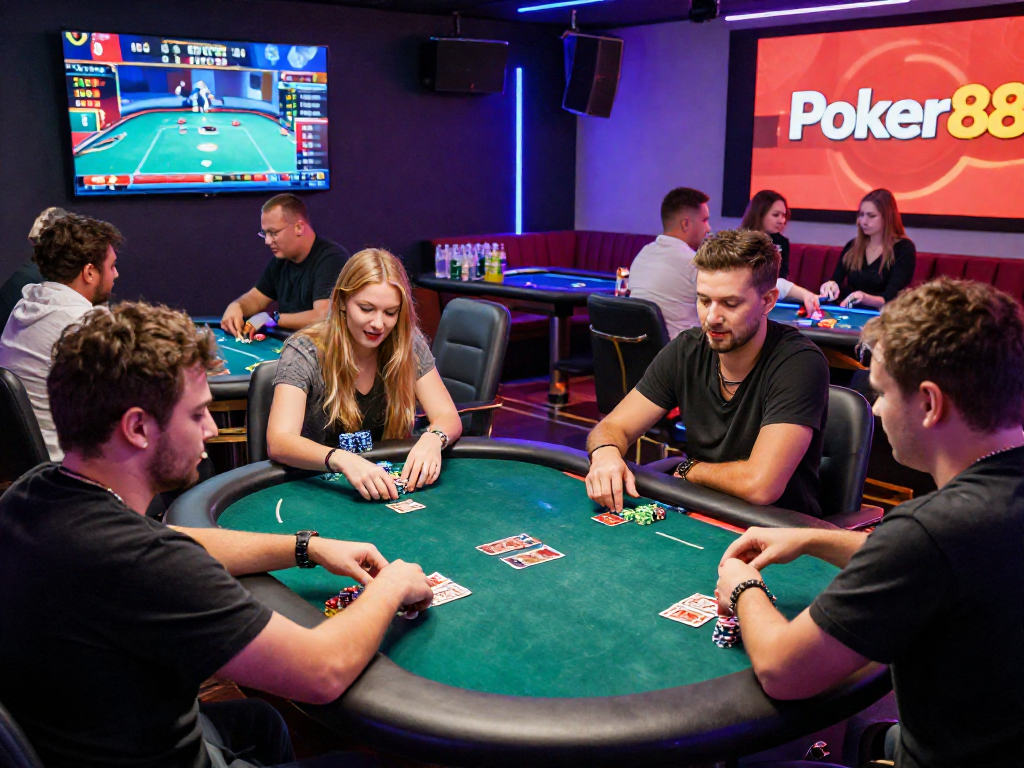 Poker88 players enjoying an exciting online poker game in a vibrant casino room atmosphere.