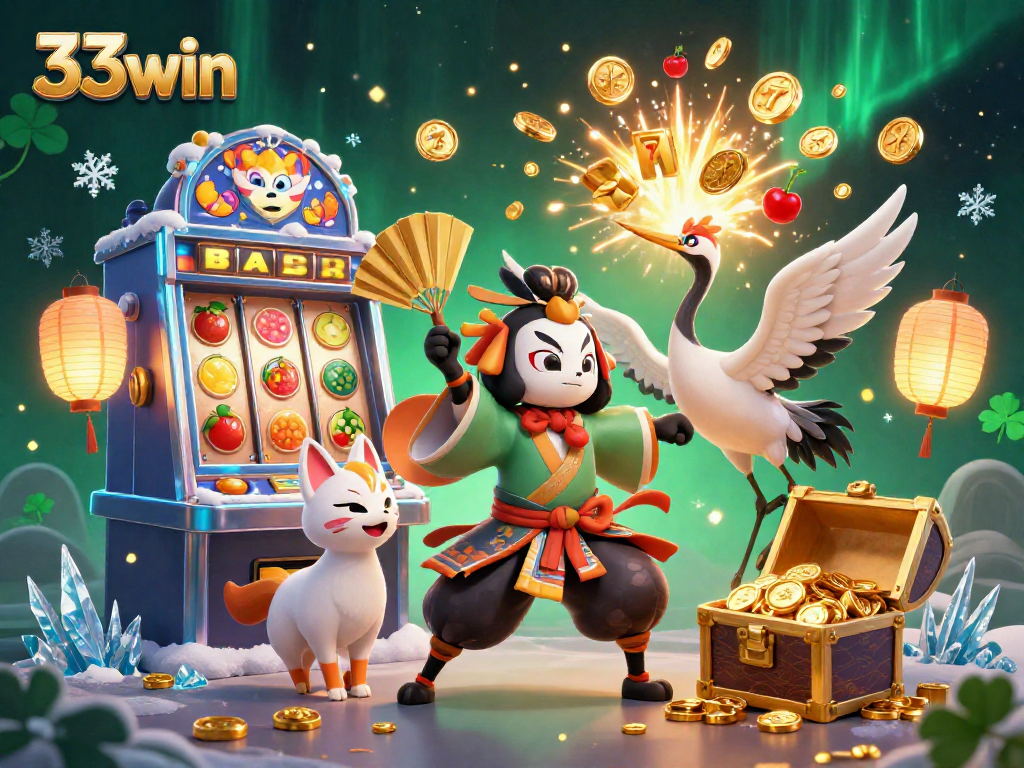 Win big with colorful 33win slot machines and mystical characters in a vibrant casino scene.