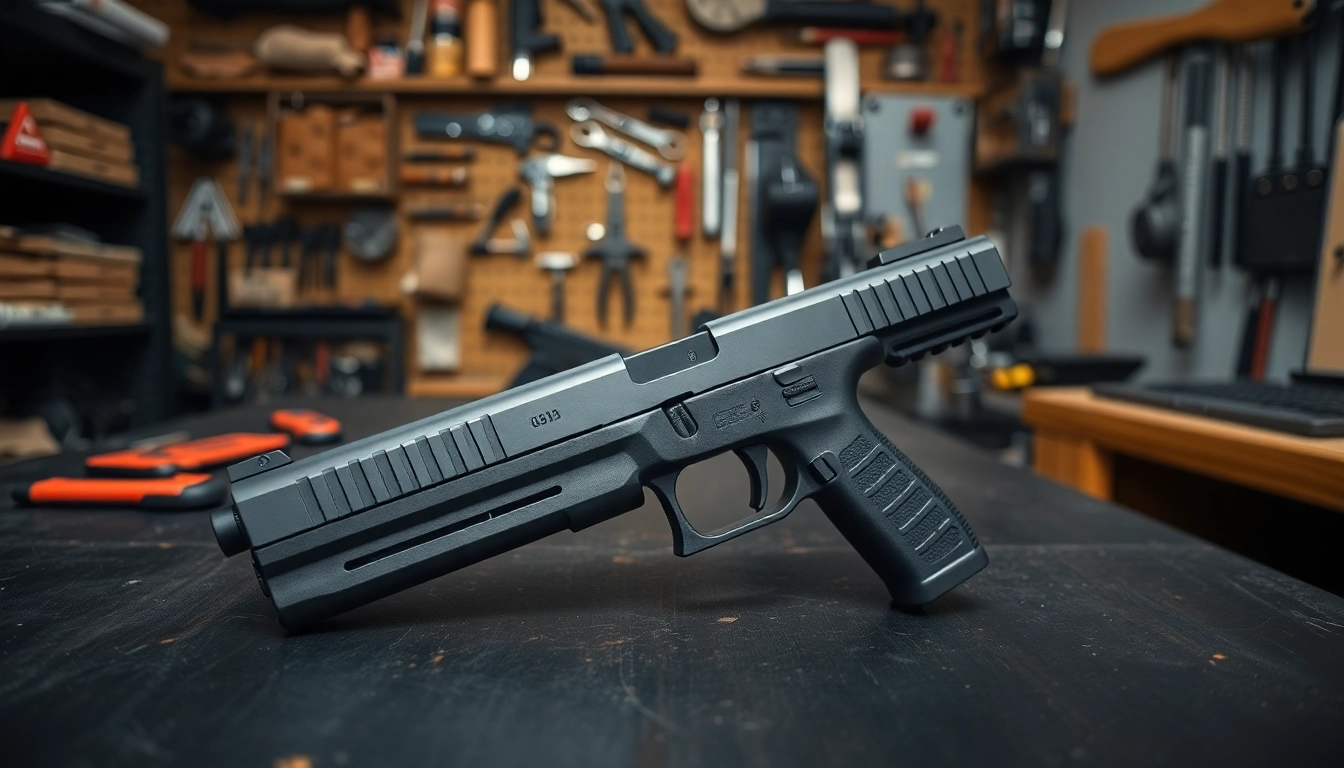 Showcasing a glock 48 complete slide with detailed craftsmanship in a workshop.