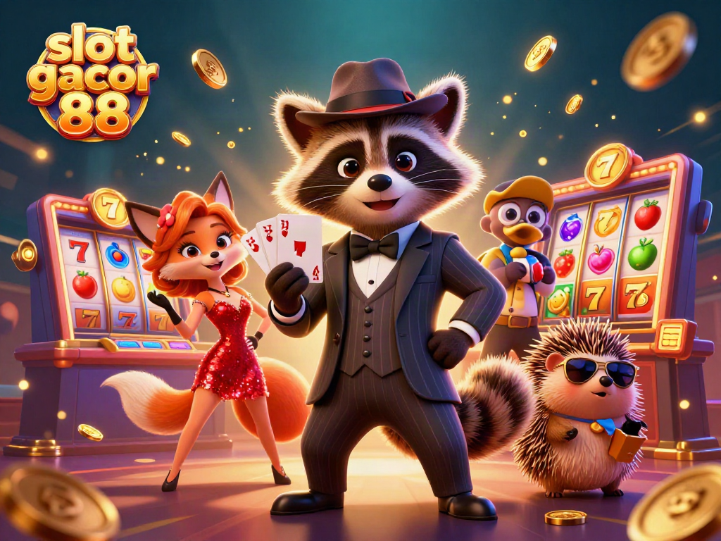 Experience the thrill of slot gacor 88 with a raccoon, fox, and hedgehog in a vibrant casino scene.