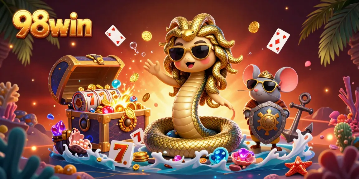 Join the excitement at 98win with a vibrant casino scene featuring Medusa and treasures!
