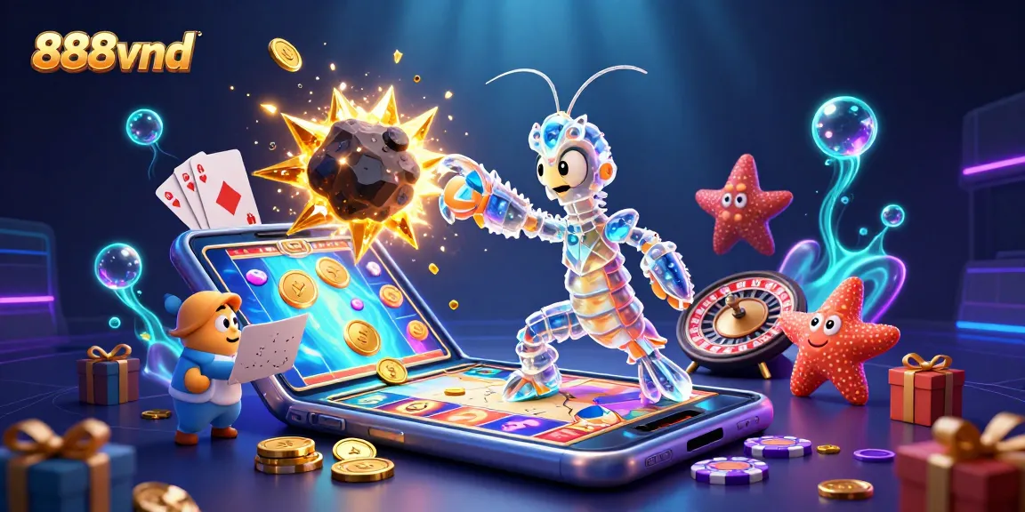 Engage with 888vnd at a vibrant casino scene featuring gaming elements and characters.