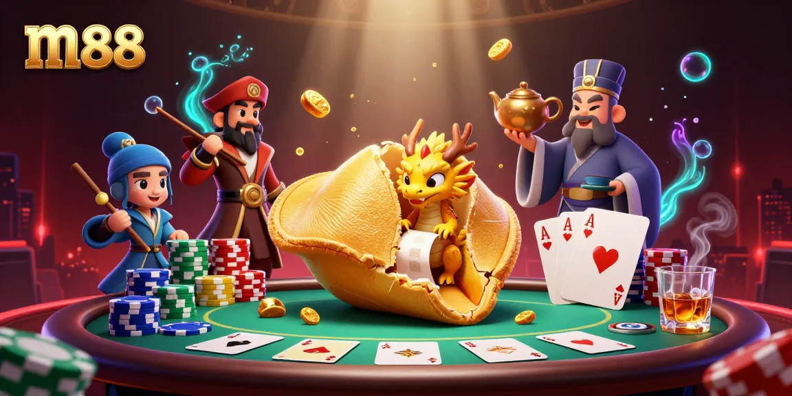 Engage in thrilling gameplay at m88 with giant fortune cookie, poker elements, and rich casino vibes.