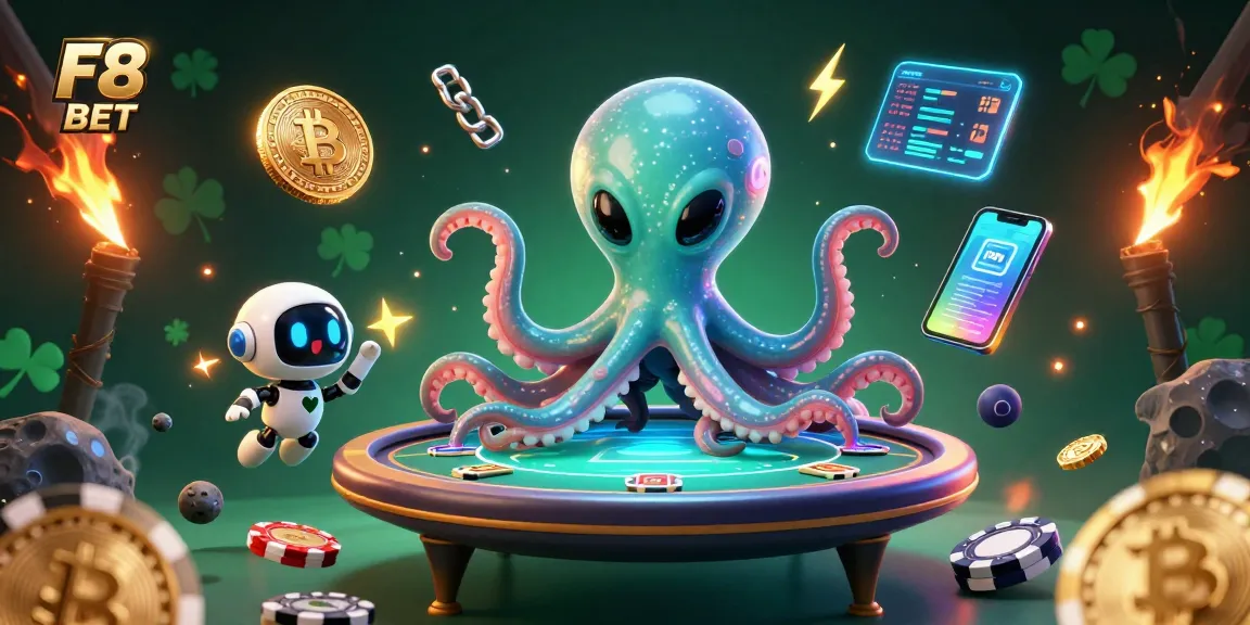 Play exciting poker games at F8 BET with a vibrant alien-themed 3D illustration showcasing poker strategies and cryptocurrency.