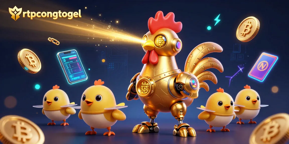 Engage in the rtpcongtogel casino experience with a golden rooster robot amidst dazzling crypto-themed elements.