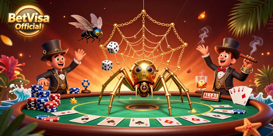 BetVisa Official showcases a vibrant, detailed steampunk casino scene with a golden spider and amused fly, capturing the thrill of poker.