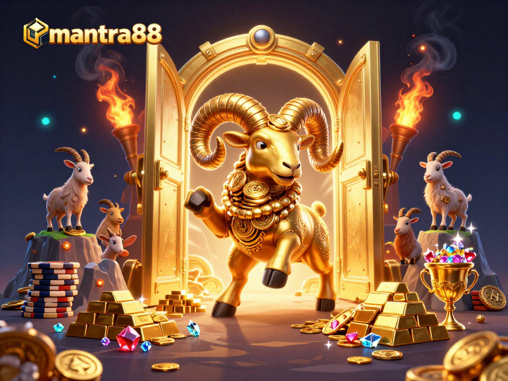 Experience the thrill of mantra88 with a golden ram charging through a treasure-filled casino scene.
