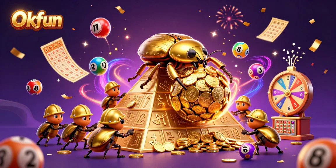 Participate in the exciting Okfun games with golden coins, lottery balls, and festive elements!